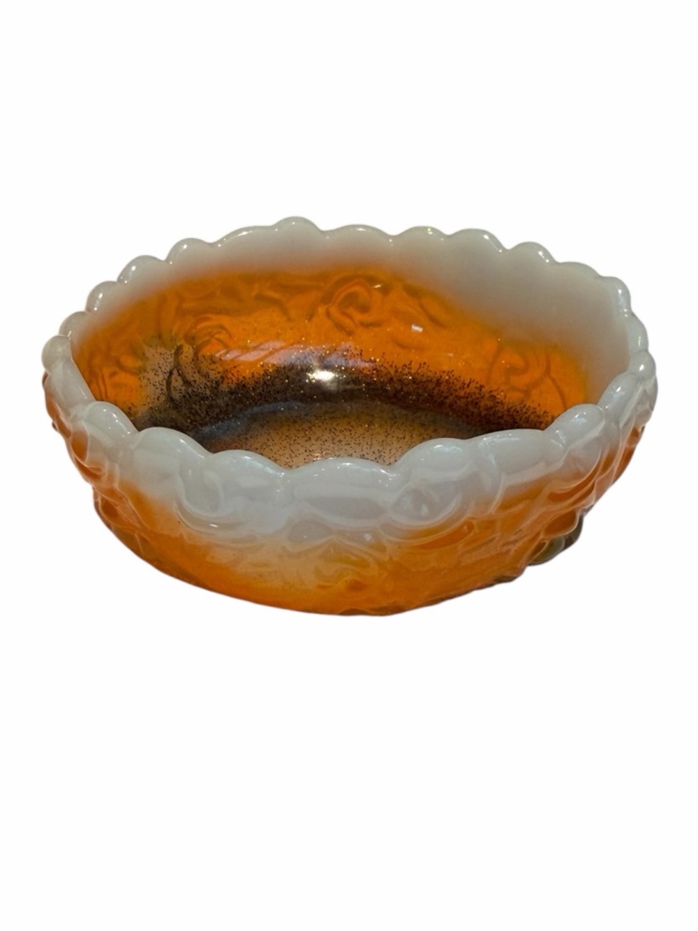 Handcrafted ~5” Orange, Black & White Floral Resin Trinket Bowl